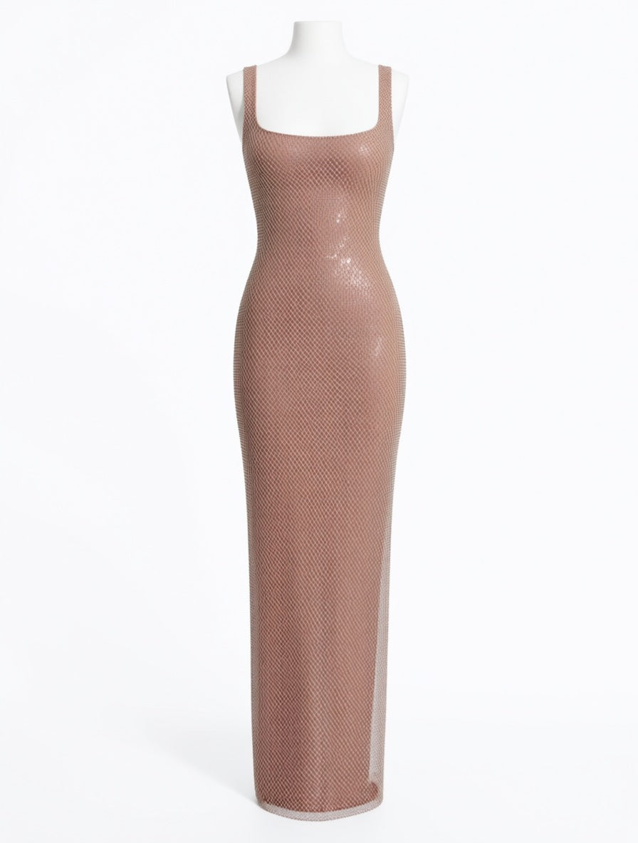Aurelie gold rhinestone mesh maxi dress – dress product photo | LUXYWEARS