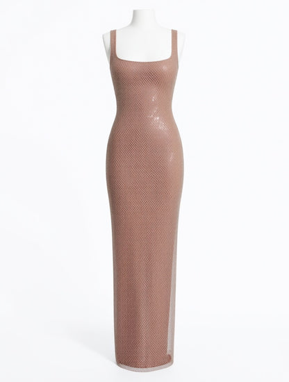 Aurelie gold rhinestone mesh maxi dress – dress product photo | LUXYWEARS