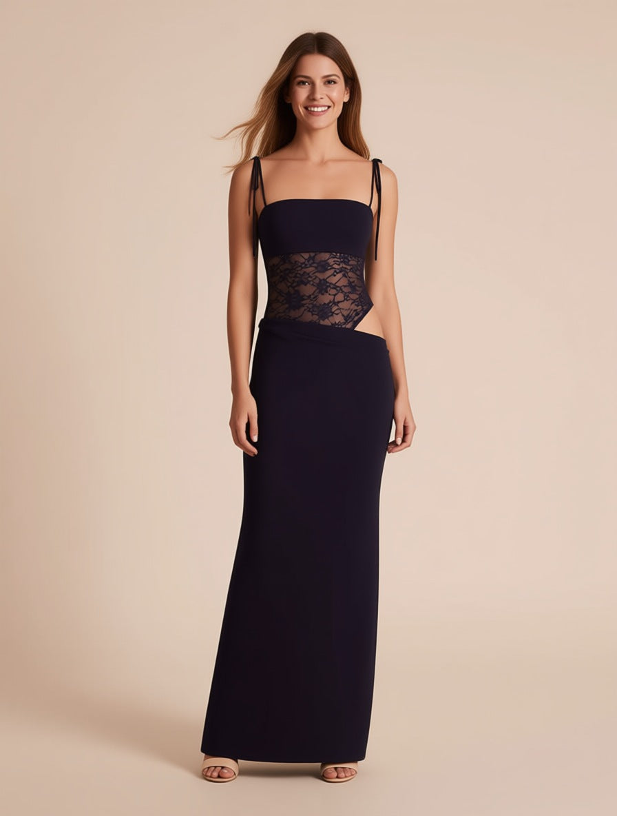 Carmen black lace bodice cut-out maxi dress – full length front view | LUXYWEARS