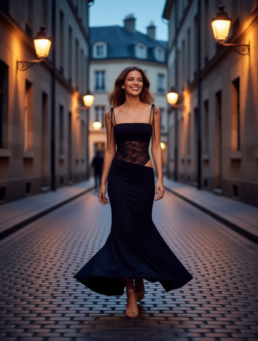 Carmen black lace bodice cut-out maxi dress – lifestyle photo | LUXYWEARS