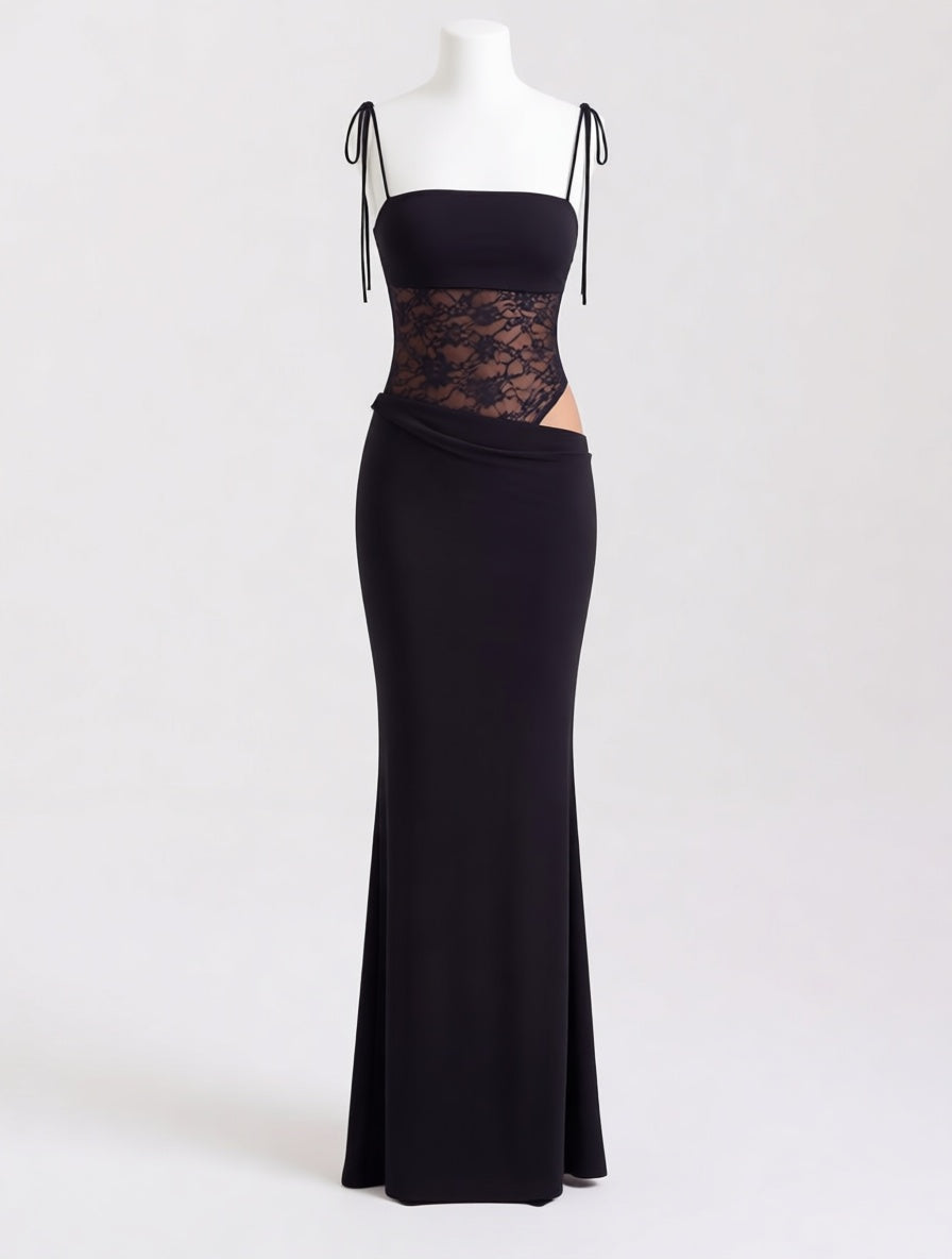 Carmen black lace bodice cut-out maxi dress – dress product photo | LUXYWEARS