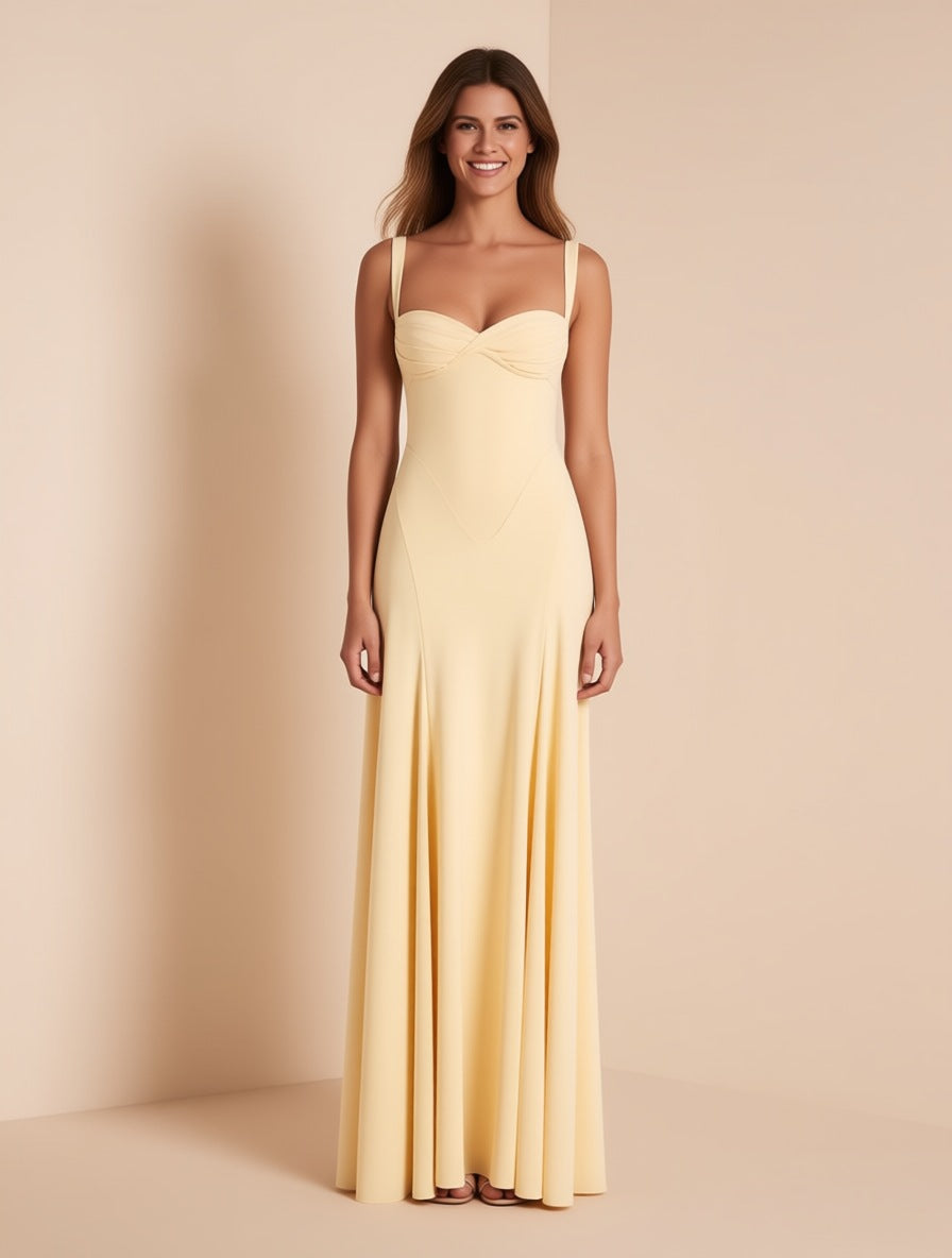 Clementine butter yellow sweetheart corset maxi dress – full length front view | LUXYWEARS