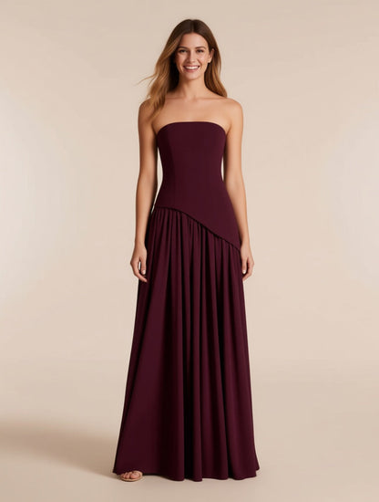 Colette burgundy strapless crepe chiffon maxi dress with scarf – full length front view | LUXYWEARS