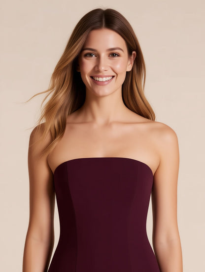 Colette burgundy strapless crepe chiffon maxi dress with scarf – neckline and bodice detail | LUXYWEARS