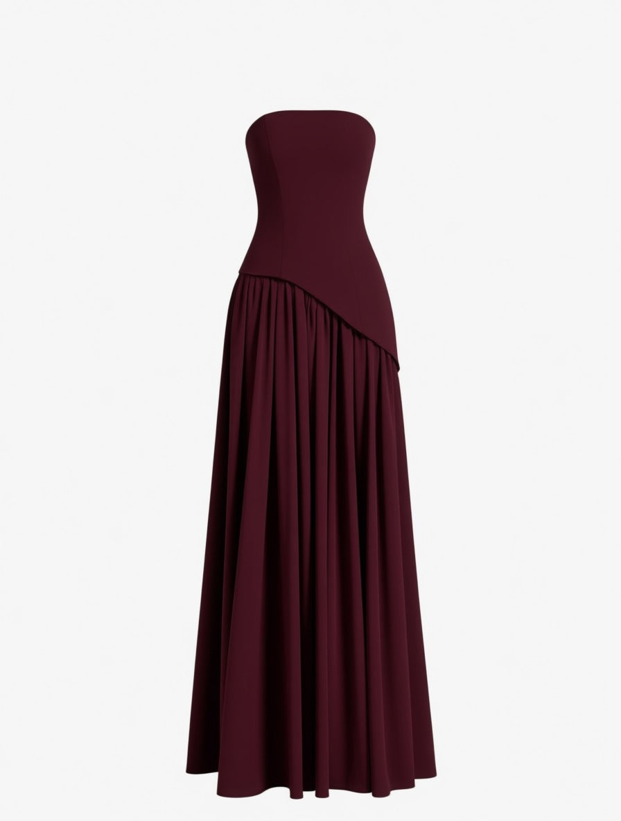 Colette burgundy strapless crepe chiffon maxi dress with scarf – dress product photo | LUXYWEARS