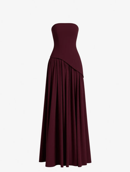 Colette burgundy strapless crepe chiffon maxi dress with scarf – dress product photo | LUXYWEARS