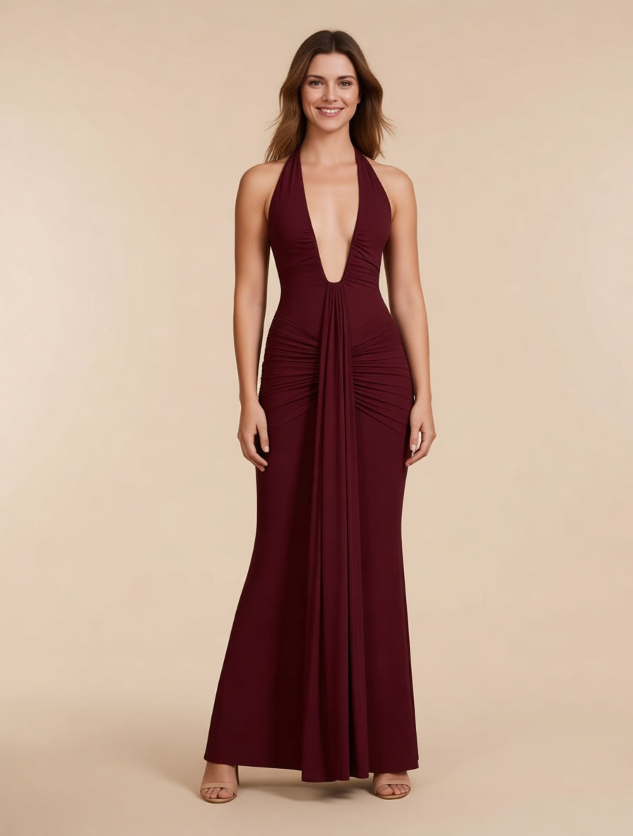 Delphine burgundy plunge halter maxi dress with train – full length front view | LUXYWEARS
