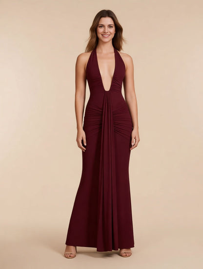Delphine burgundy plunge halter maxi dress with train – full length front view | LUXYWEARS
