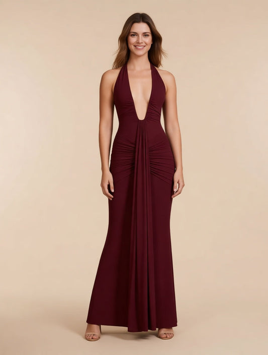 Delphine burgundy plunge halter maxi dress with train – full length front view | LUXYWEARS
