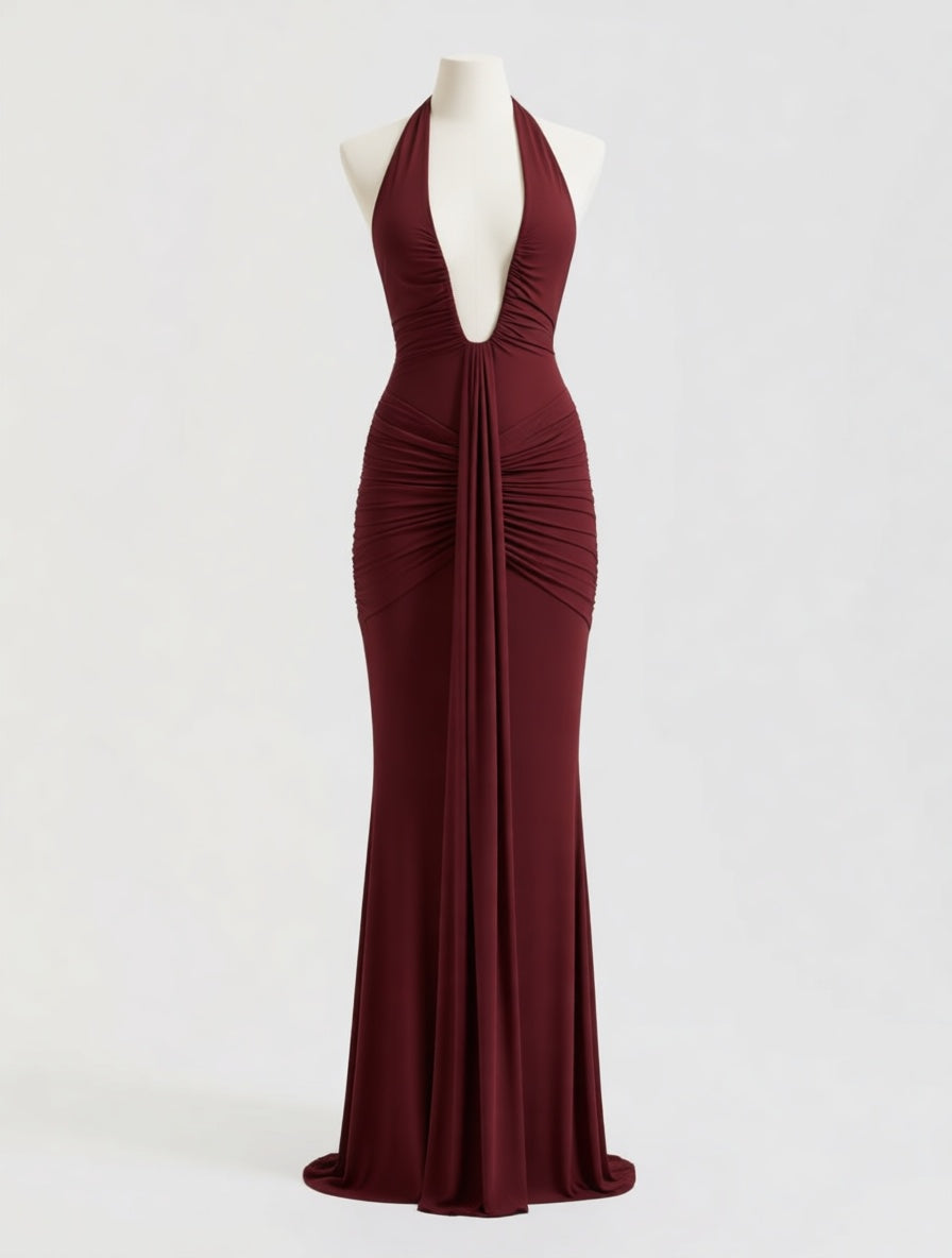 Delphine burgundy plunge halter maxi dress with train – dress product photo | LUXYWEARS