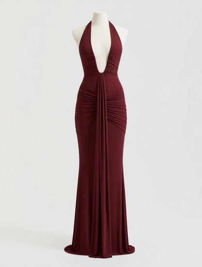Delphine burgundy plunge halter maxi dress with train – dress product photo | LUXYWEARS