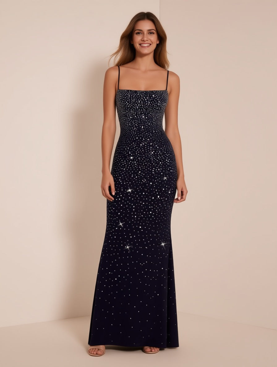 Estelle black rhinestone gradient maxi gown – full length front view | LUXYWEARS