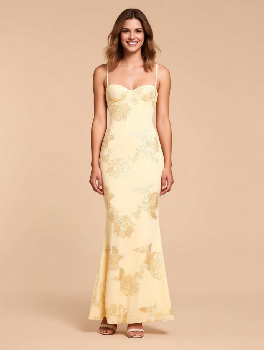 Fleur butter yellow floral appliqué mesh corset maxi dress – full length front view | LUXYWEARS
