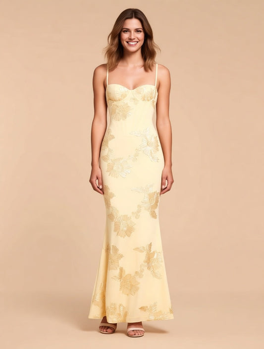 Fleur butter yellow floral appliqué mesh corset maxi dress – full length front view | LUXYWEARS