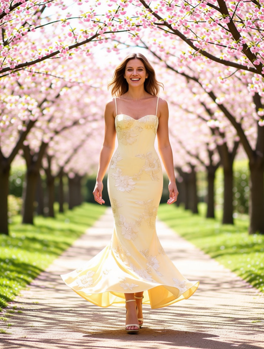 Fleur butter yellow floral appliqué mesh corset maxi dress – lifestyle photo | LUXYWEARS