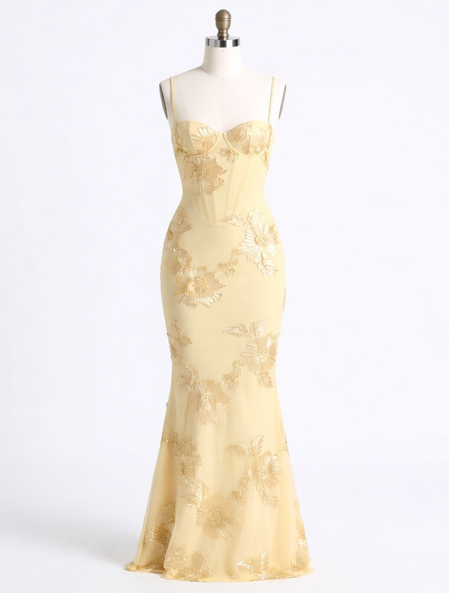 Fleur butter yellow floral appliqué mesh corset maxi dress – dress product photo | LUXYWEARS