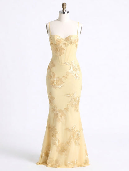 Fleur butter yellow floral appliqué mesh corset maxi dress – dress product photo | LUXYWEARS