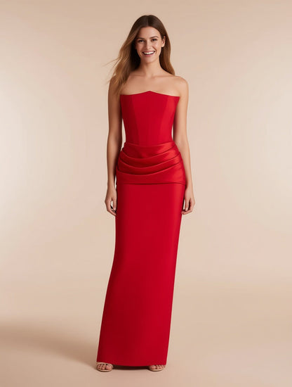 Genevieve red boned corset crepe maxi dress – full length front view | LUXYWEARS