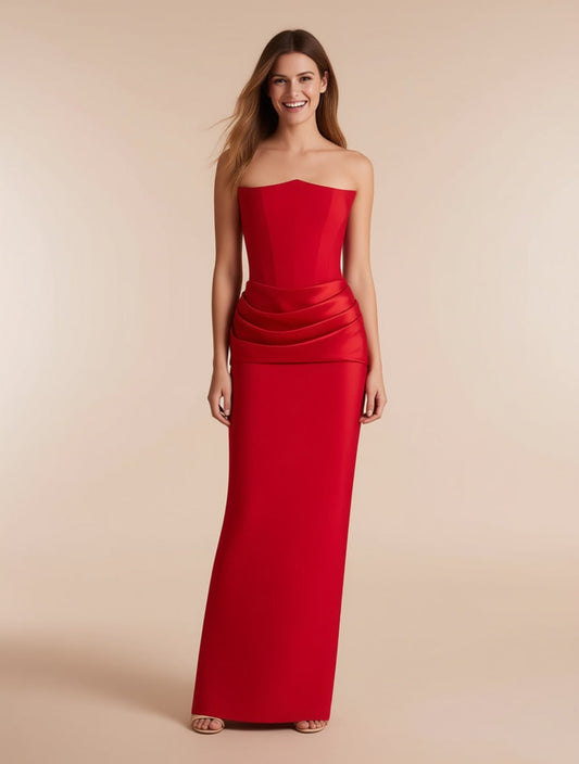 Genevieve red boned corset crepe maxi dress – full length front view | LUXYWEARS