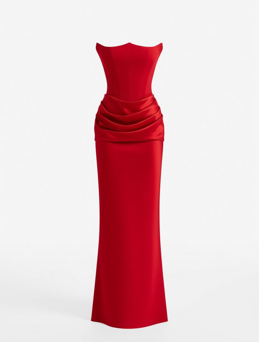 Genevieve red boned corset crepe maxi dress – dress product photo | LUXYWEARS