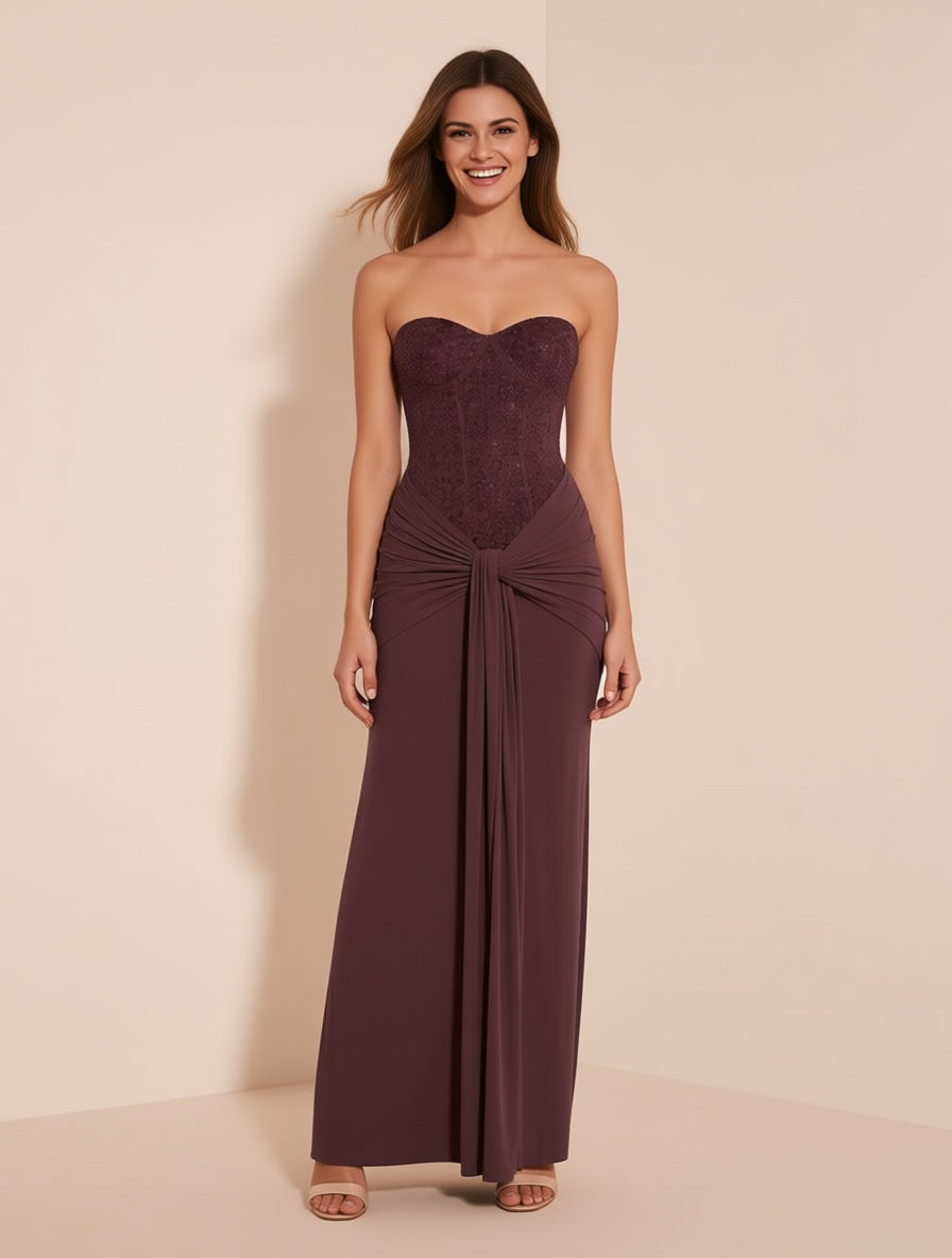 Ines chocolate embellished strapless jersey maxi dress – full length front view | LUXYWEARS