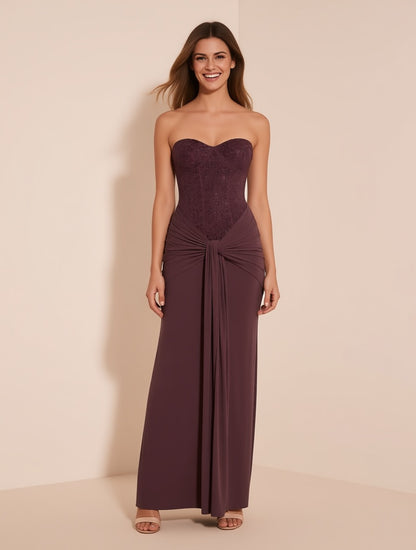 Ines chocolate embellished strapless jersey maxi dress – full length front view | LUXYWEARS
