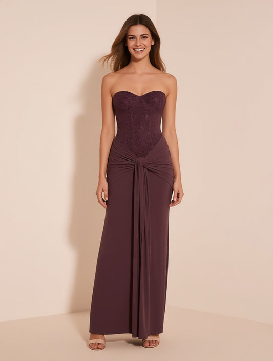Ines chocolate embellished strapless jersey maxi dress – full length front view | LUXYWEARS