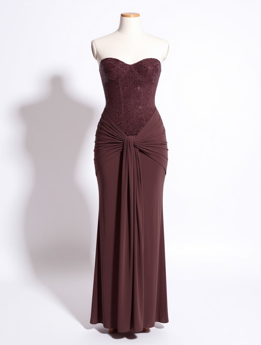 Ines chocolate embellished strapless jersey maxi dress – dress product photo | LUXYWEARS