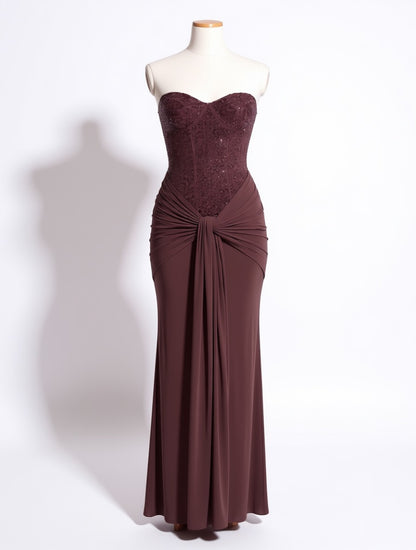 Ines chocolate embellished strapless jersey maxi dress – dress product photo | LUXYWEARS