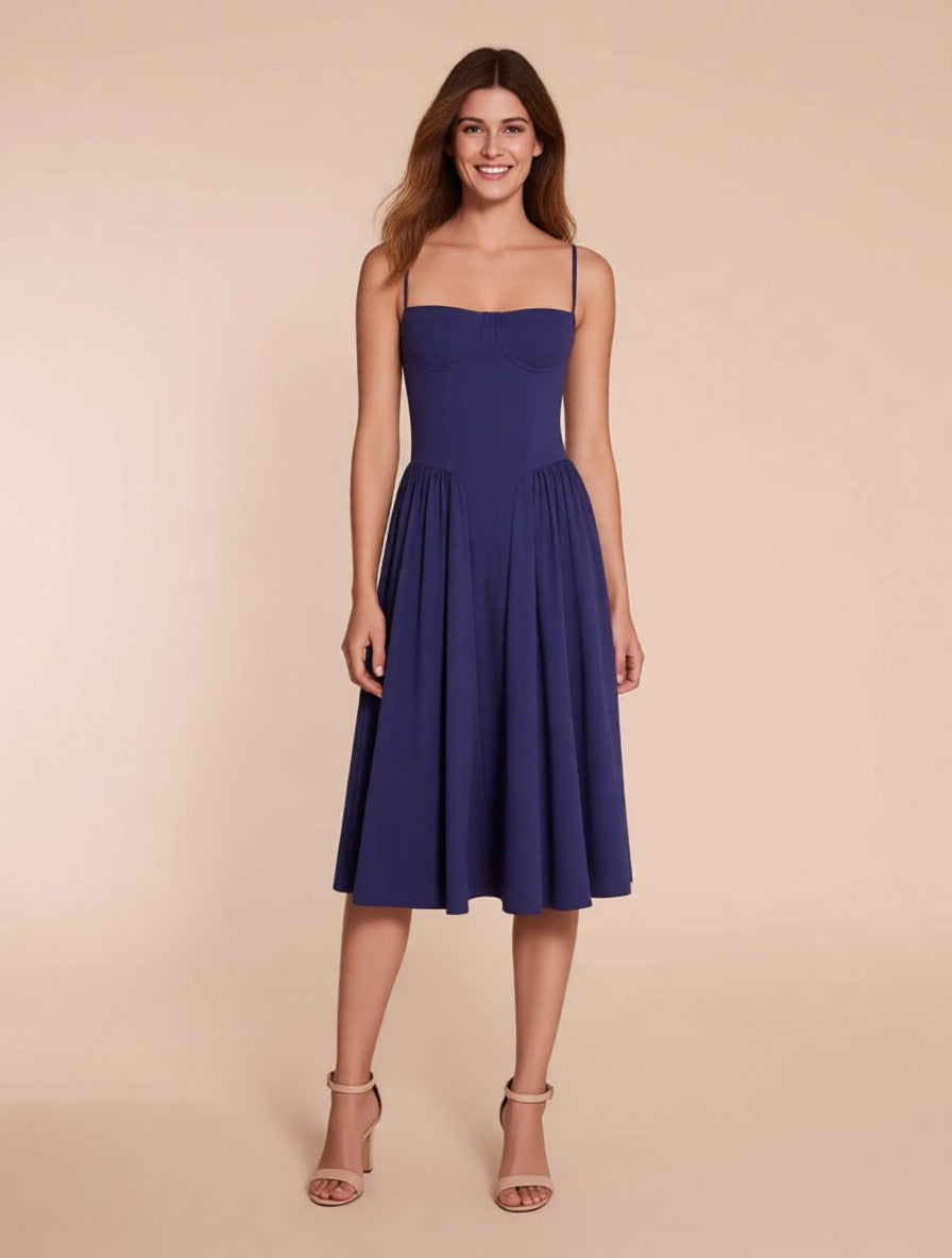 Juliette navy corset midi dress with pockets – full length front view | LUXYWEARS