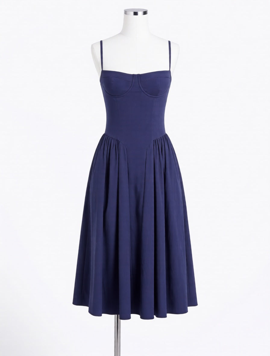Juliette navy corset midi dress with pockets – dress product photo | LUXYWEARS