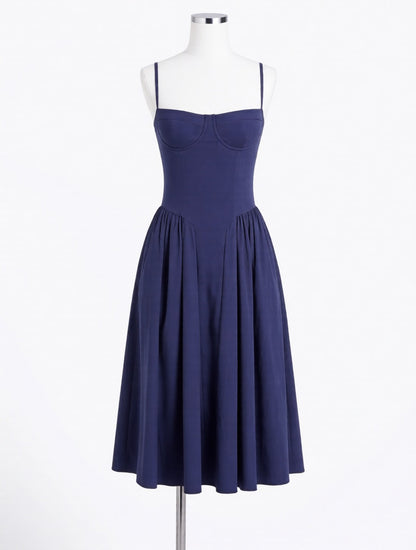Juliette navy corset midi dress with pockets – dress product photo | LUXYWEARS