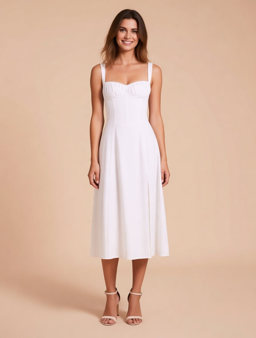 Linnea white cotton corset midi dress with slit – full length front view | LUXYWEARS