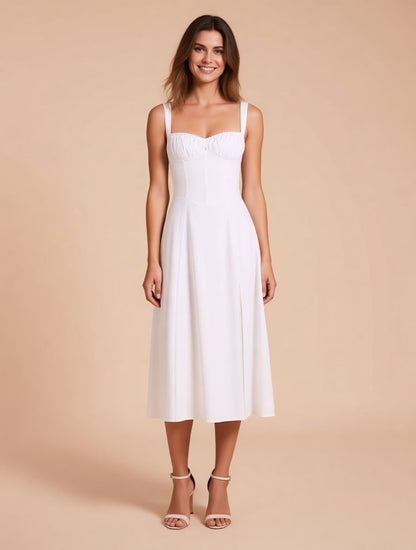 Linnea white cotton corset midi dress with slit – full length front view | LUXYWEARS