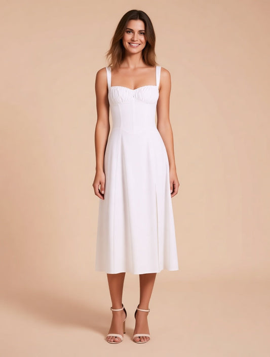 Linnea white cotton corset midi dress with slit – full length front view | LUXYWEARS