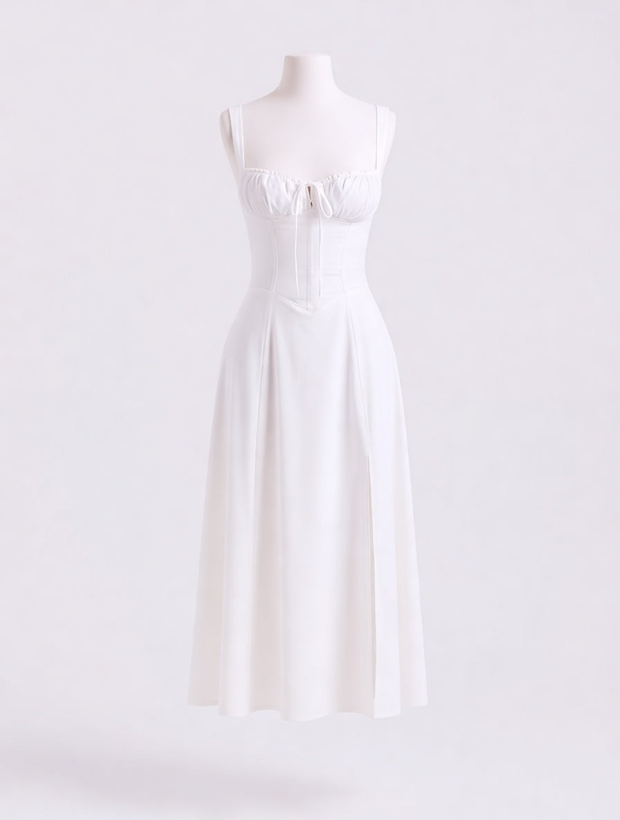Linnea white cotton corset midi dress with slit – dress product photo | LUXYWEARS