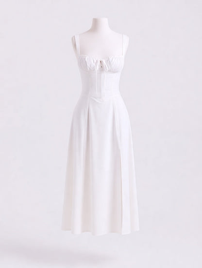 Linnea white cotton corset midi dress with slit – dress product photo | LUXYWEARS