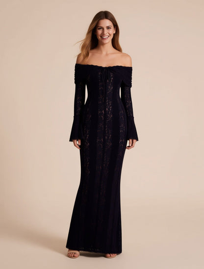 Marcella black off-shoulder lace maxi dress – full length front view | LUXYWEARS