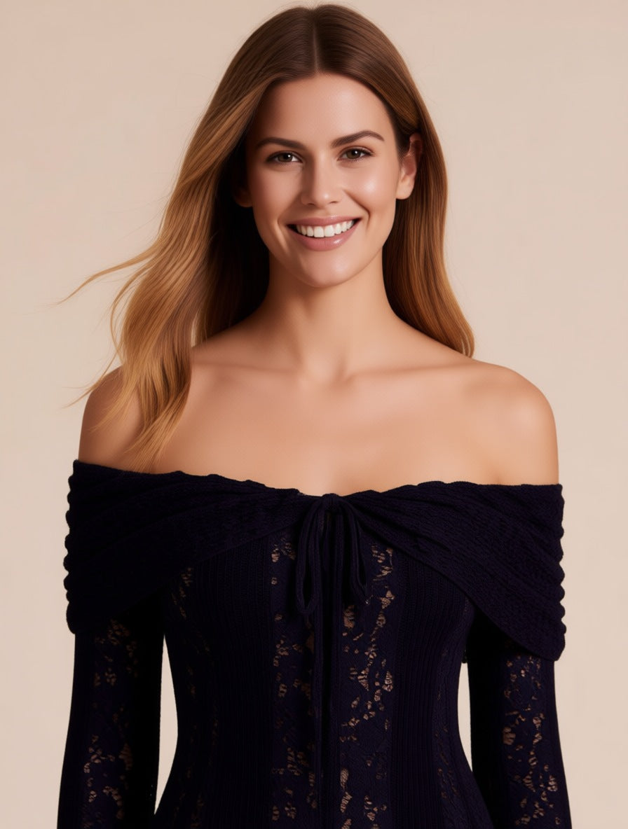 Marcella black off-shoulder lace maxi dress – neckline and bodice detail | LUXYWEARS