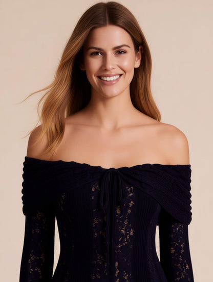 Marcella black off-shoulder lace maxi dress – neckline and bodice detail | LUXYWEARS