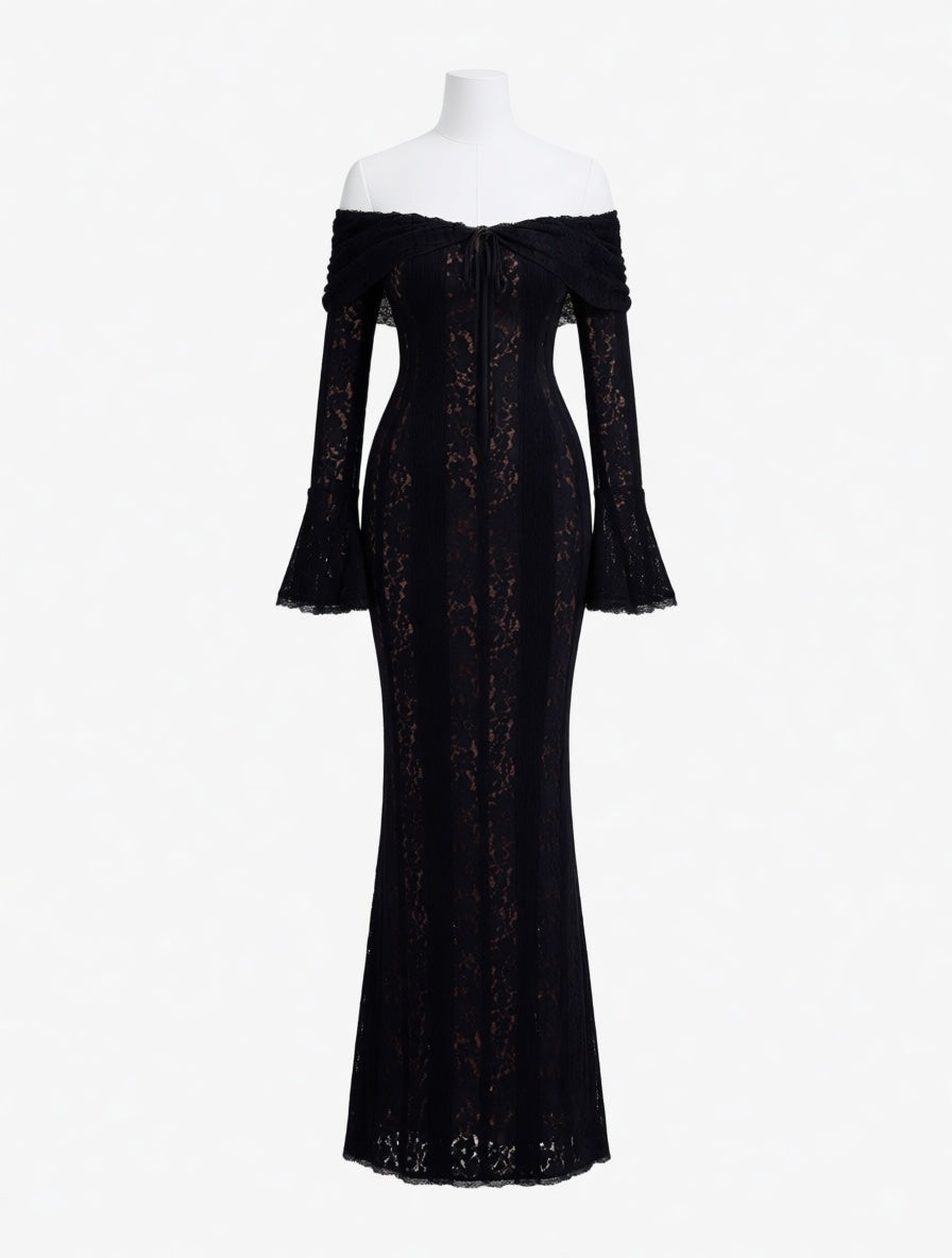 Marcella black off-shoulder lace maxi dress – dress product photo | LUXYWEARS