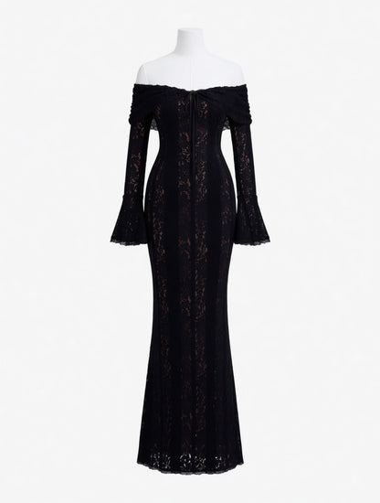 Marcella black off-shoulder lace maxi dress – dress product photo | LUXYWEARS