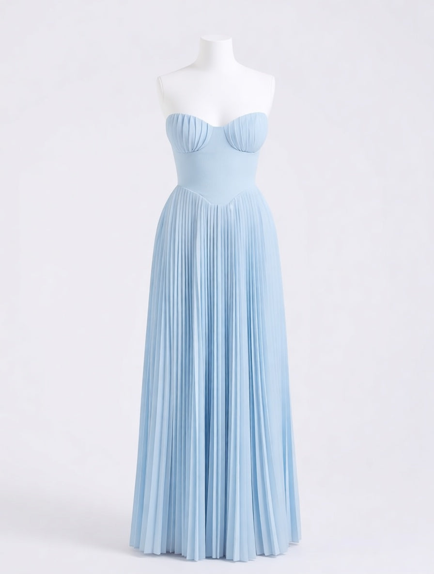 Marina baby blue pleated georgette maxi dress – dress product photo | LUXYWEARS