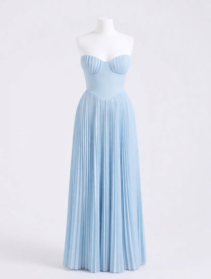 Marina baby blue pleated georgette maxi dress – dress product photo | LUXYWEARS