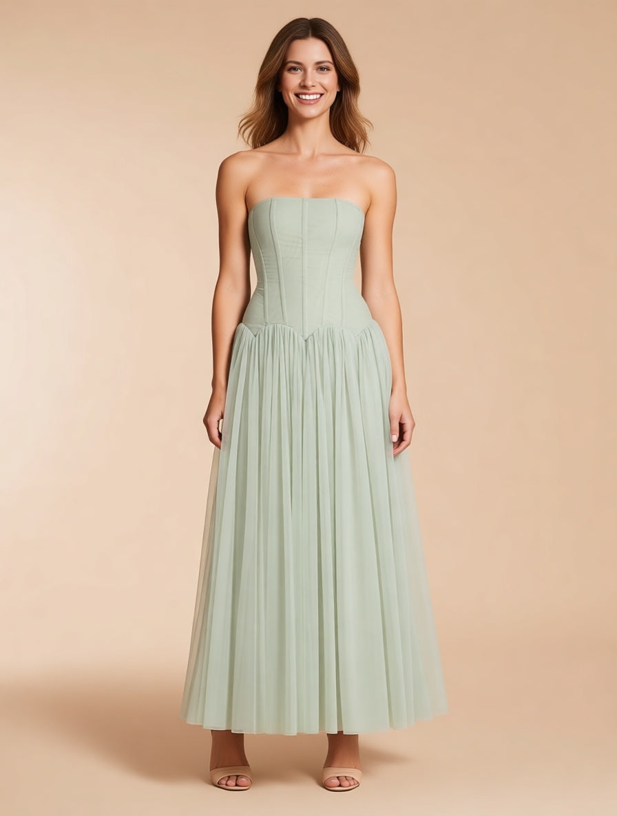 Mirabel green strapless mesh corset maxi dress – full length front view | LUXYWEARS