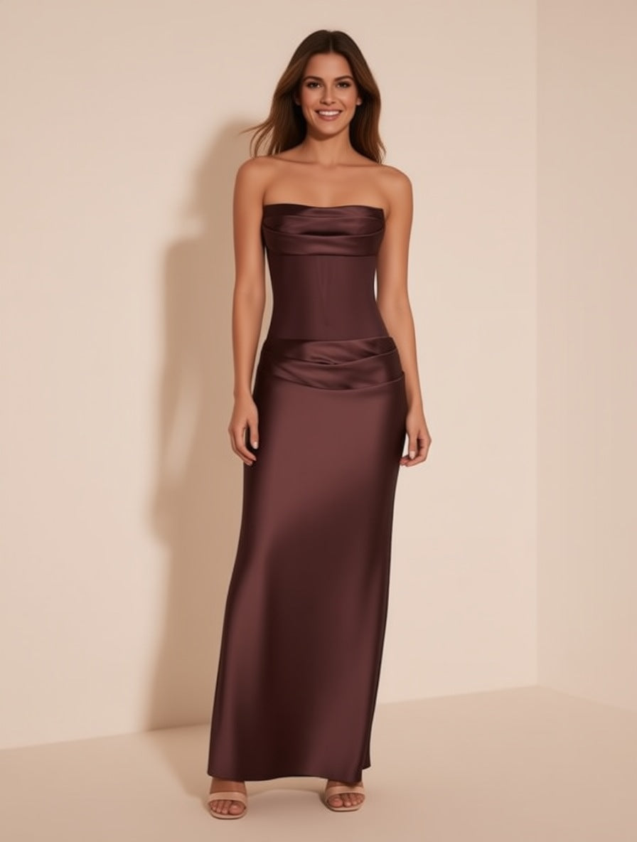 Octavia brown strapless cowl neck bias-cut gown – full length front view | LUXYWEARS