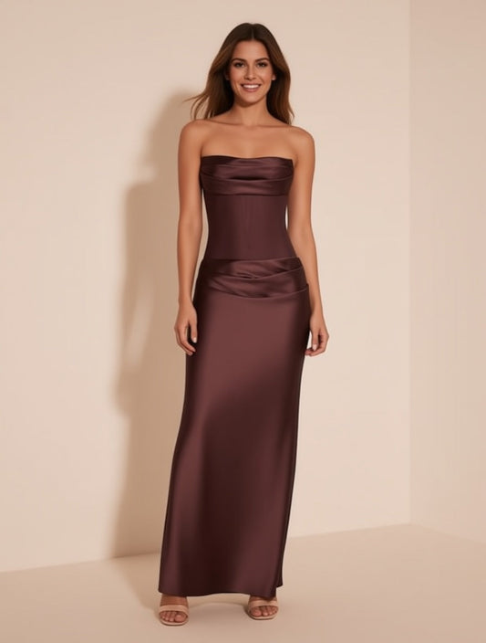 Octavia brown strapless cowl neck bias-cut gown – full length front view | LUXYWEARS