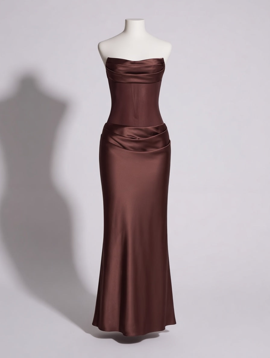 Octavia brown strapless cowl neck bias-cut gown – dress product photo | LUXYWEARS