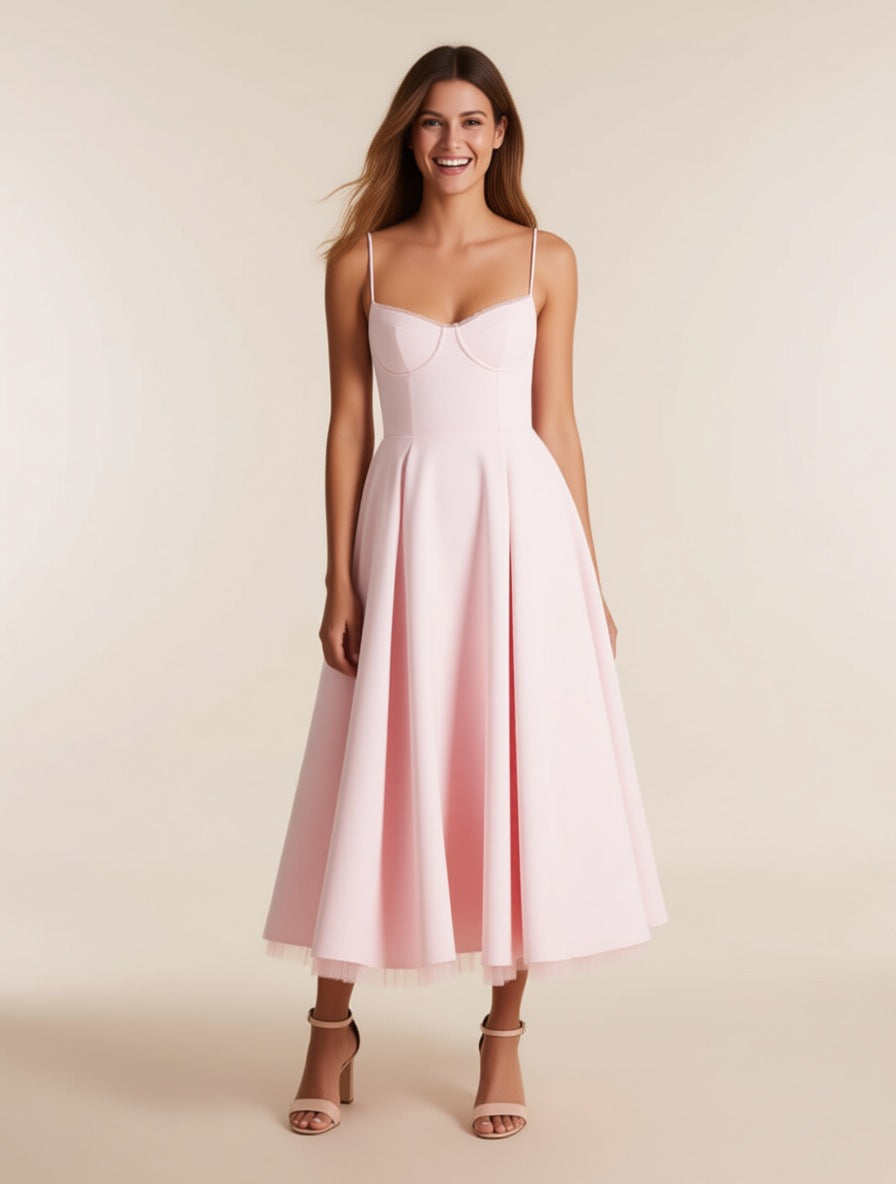 Odette blush pink tulle corset midi dress with pockets – full length front view | LUXYWEARS