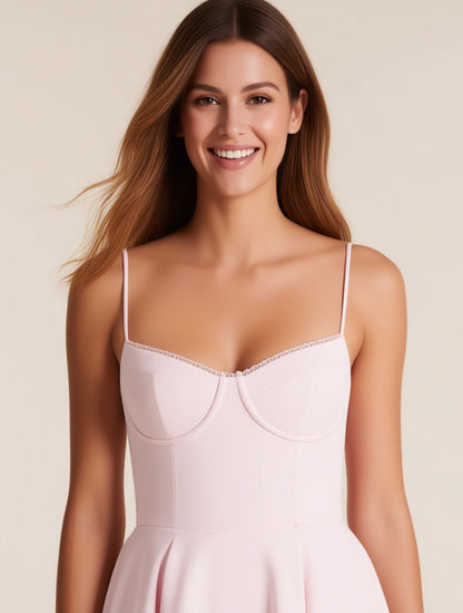 Odette blush pink tulle corset midi dress with pockets – neckline and bodice detail | LUXYWEARS